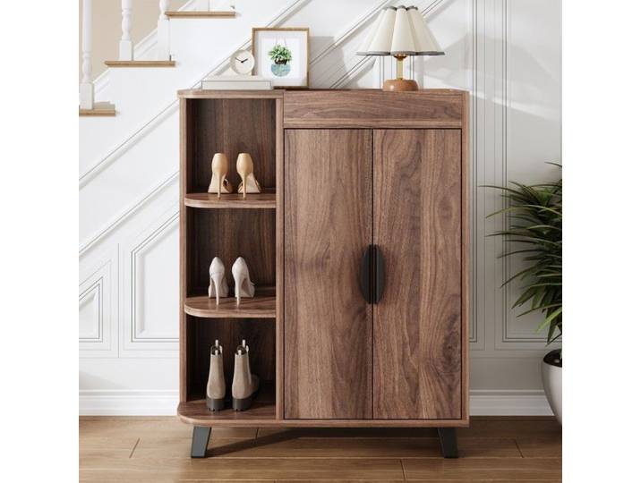 Meuble à chaussures étroit 80x32x99cm noyer double porte étagères ouvertes rangement entrée petits espaces top plateau