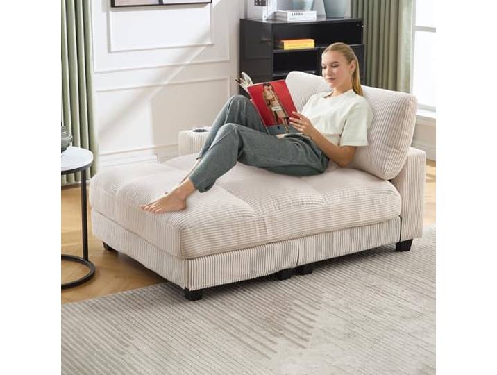 Ball & Cast Sessel Palm, Sofabed mit 2 Getränkehalter und Seitentasche, Schlafsessel mit 2 USB-Anschlüssen + Type-C-Anschluss, 140 x 112 x 81 cm, Beige