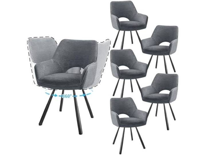 JIJIAN 6er Set 360° Drehbare Esszimmerstühle mit Armlehnen, Grau Drehbar Stühle Esszimmer mit Metallbeinen, Moderner Küchenstuhl aus Cord, Polsterstuhl für Esszimmer, Küche, Wohnzimmer