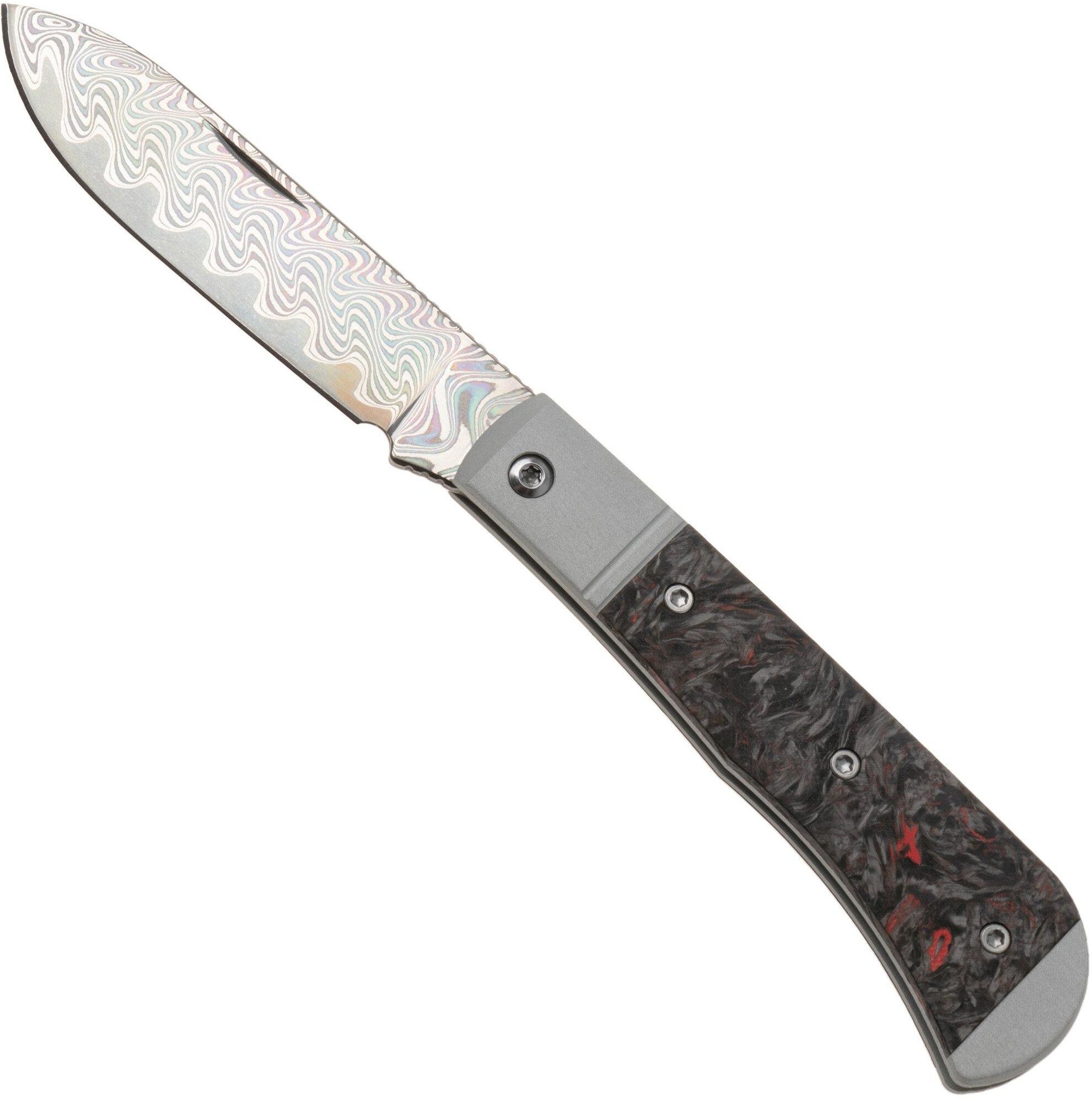 Kizer Vanguard Trestle D V3760A5 Acid-Washed Rainbow Damascus, Aluminium &amp; Red FatCarbon, coltello da tasca, Azo design
