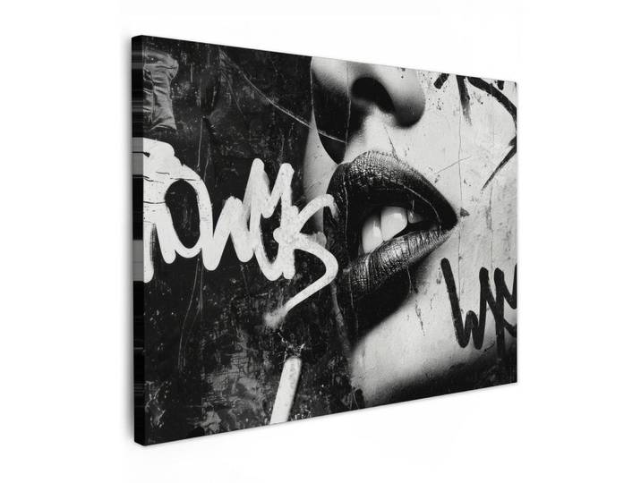 MuchoWow Leinwandbild - Gesicht - Mund - Graffiti - Schwarz - 80x60 - Malerei, Textil, Kiefer, Abstrakt, Rechteckig, 80x60 cm, gerahmt, Bilder & Rahmen, Bilder, Wandbilder