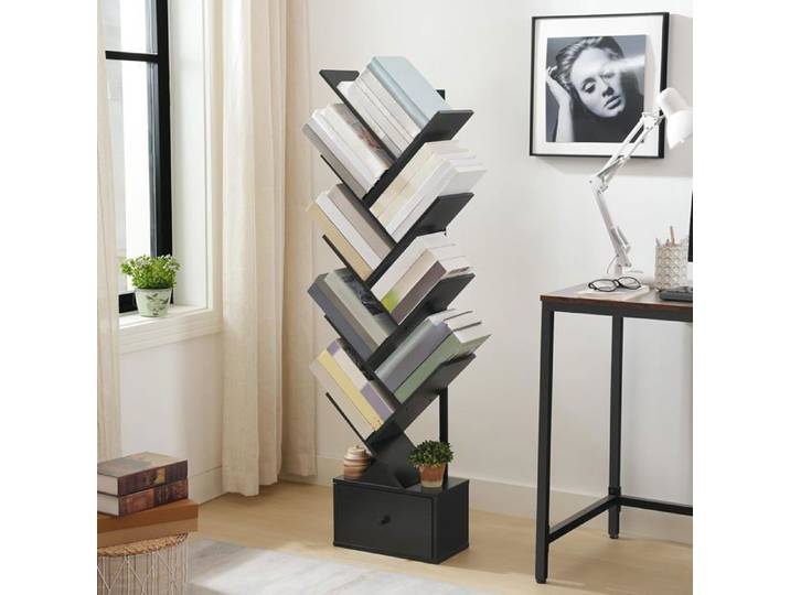 Bibliothèque sur Pieds à 9 Niveaux-HOOBRO-Étagère en Forme d'arbre-Étagère de Rangement-pour CD DVD Livres-Noir