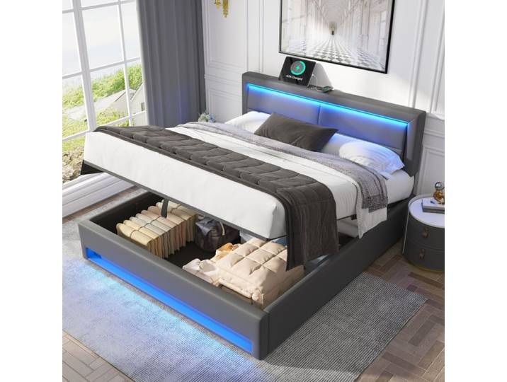 Lit rembourré - GUTENT - 140x190 - Port USB - LED intégrée - Espace de rangement