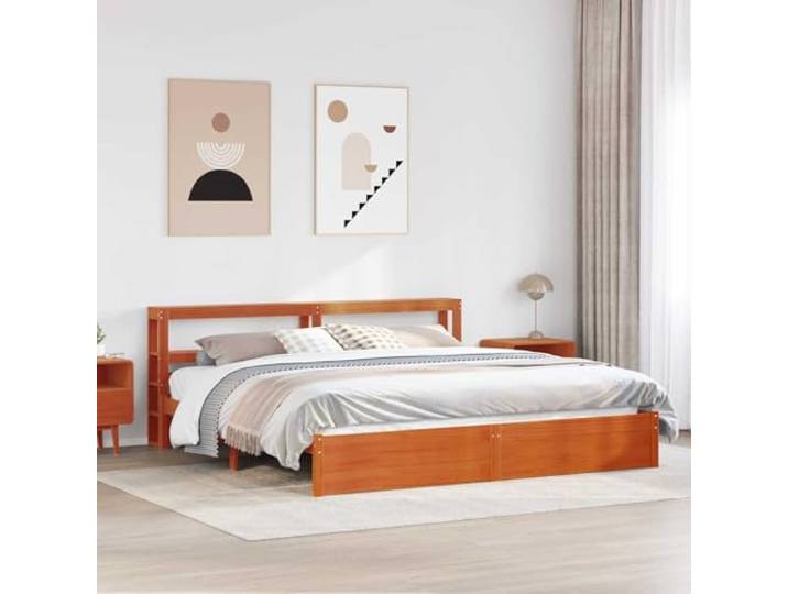 YUOTYRKTEJRSG Massivholz Kiefer rechteckig wachsbraun 200 x 200 cm Bettrahmen Wachsbraun 200x200 cm Massivholz Kiefer Bettgestell mit Kopfteil und Lattenrost fuer Schlafzimmer