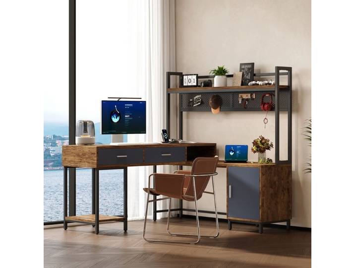 Bureau d'Angle en L 140x140x135cm - Bureau Informatique Industriel avec Surmeuble Étagère 2 Tiroirs et Caisson - Noir