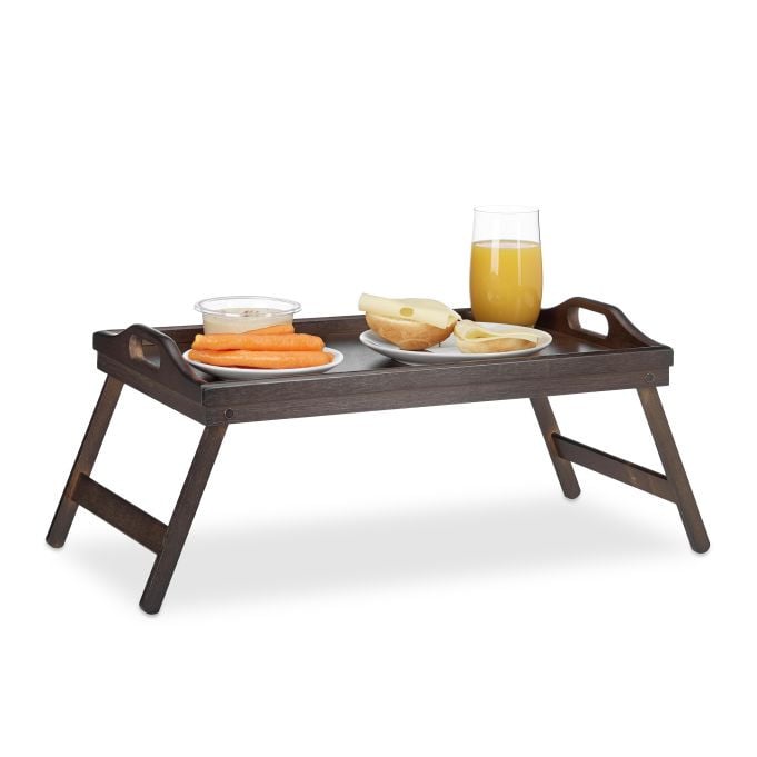 Relaxdays Set van 2 Klapbare Bedtafels van Bamboe, Donkerbruin, HBD: 22 x 61,5 x 30 cm