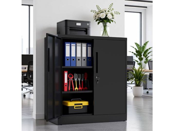 Armoire de bureau en métal noir à 2 portes 2 étagères réglables serrure structure anti-basculement