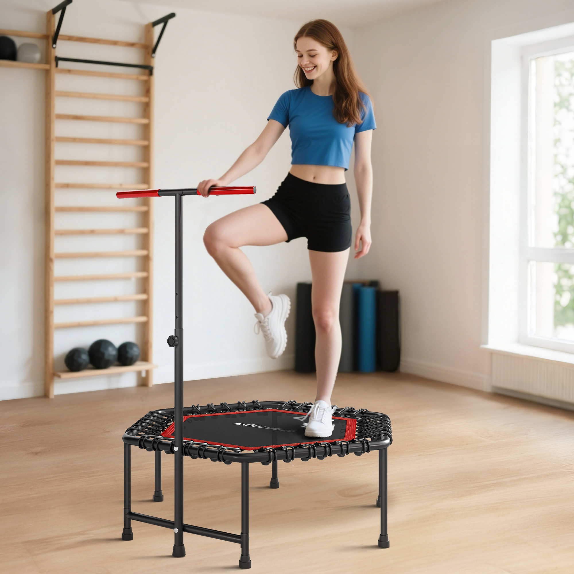 Sportnow Trampolino Elastico per Adulti Ø114cm, Tappeto Elastico con Maniglia Regolabile a 36 Molle Bungee, Rosso   Aosom Italy