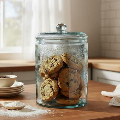Storied Home "Hand-Blown Glass Jar with Etched Botanical Design and Lid - 8.0""L x 8.0""W x 13.0""H"