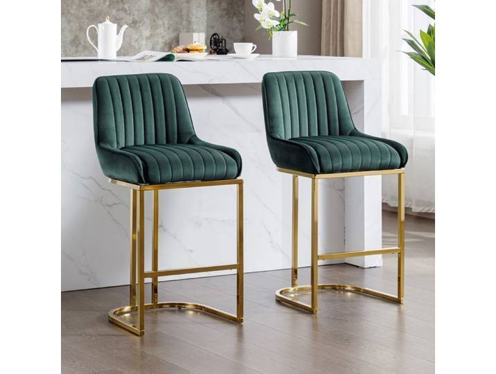 Wahson Chaise de Bar en Velours Chaise Bar Pied Doré Tabouret Bar Lot de 2 Tabouret de Bar avec Coussin Épais Vert