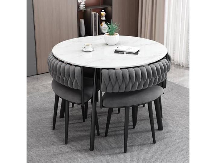 VTELGT Modernes Esstisch-Set mit Stühlen - 90cm Runder Esstisch mit 4 Stühlen - Küchentisch für 4 Personen Platzsparend für Küche Esszimmer Marmoroptik- mit Metallbeinen