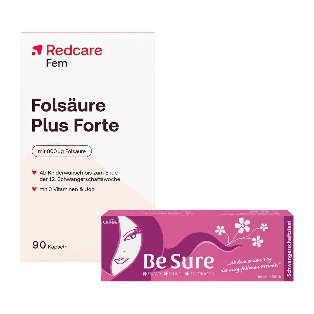 BE Sure Schwangerschaftste + Folsaeure Plus Fort Redcare 1 St Set