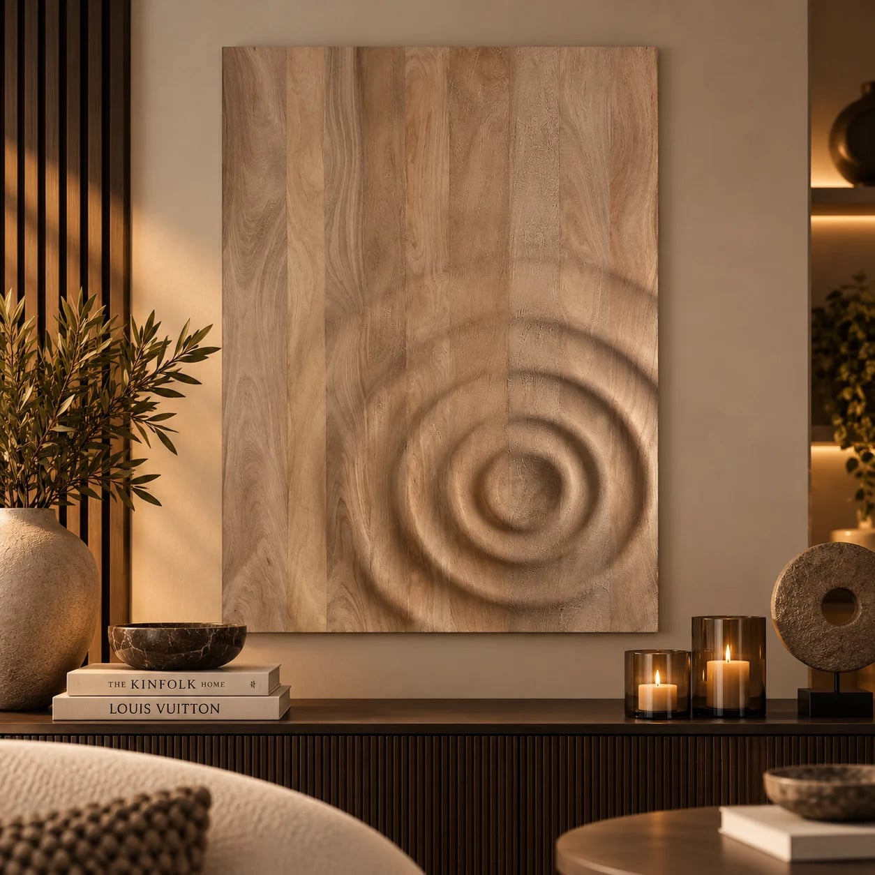 PTMD Wandornament Mattin lichtbruin mangohout rechthoekig met geometrische cirkels