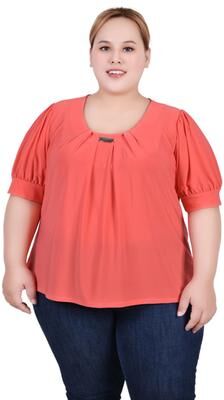 NY COLLECTION Short Sleeve Balloon Sleeve Top With Hardware