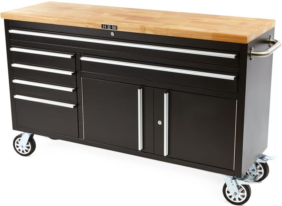 HBM Carrello portautensili professionale da 152 cm / banco da lavoro con piano in legno - NERO