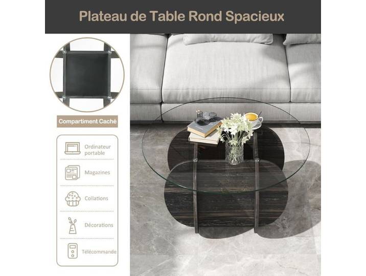 GIANTEX Table Basse Ronde 89x46cm en Verre Trempé avec Rangement Caché Design Moderne Rustique Pieds Antidérapants Noir