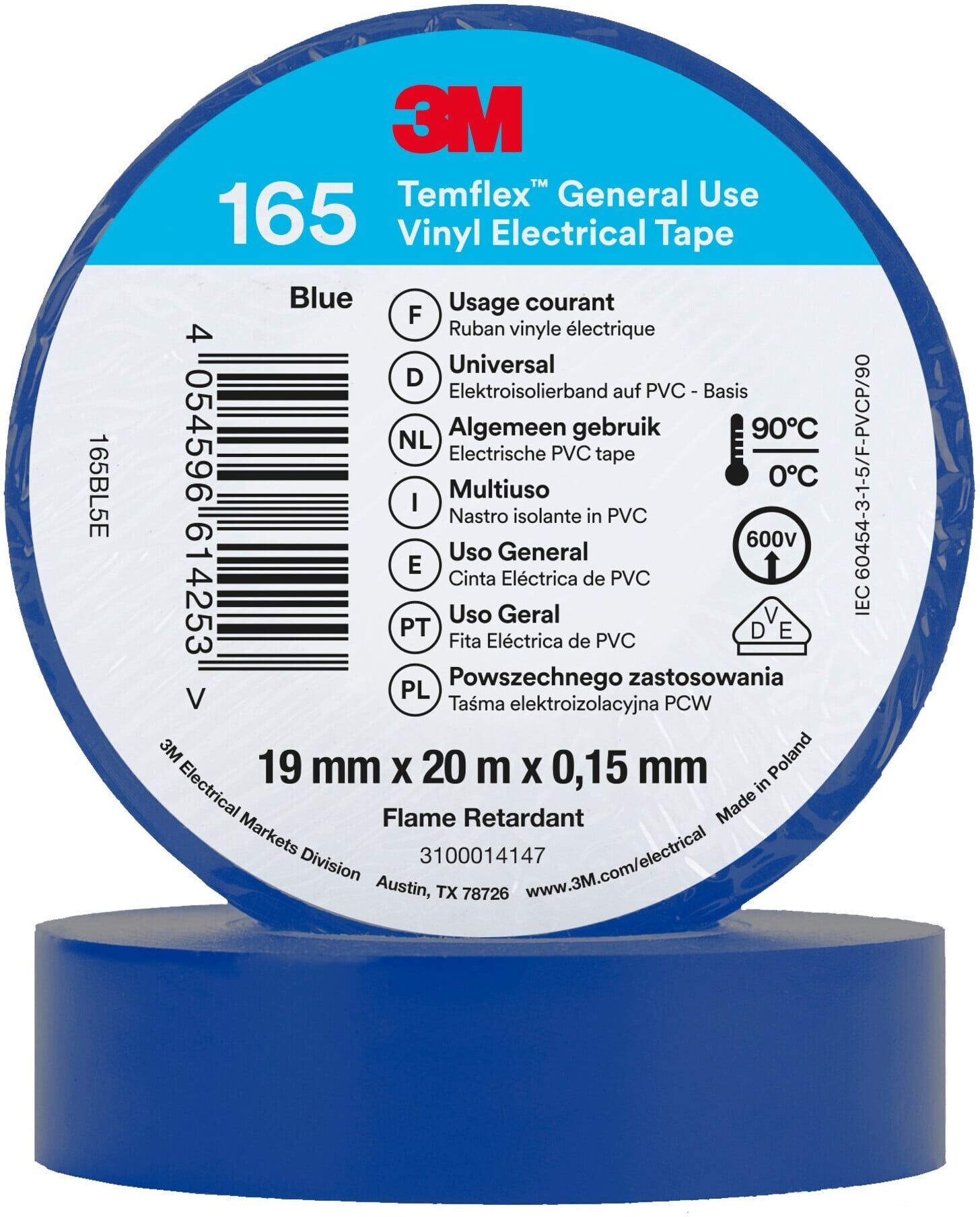 3M Elektro-Isolierband Temflex 165 PVC 19 x 20mm blau (7100184801)