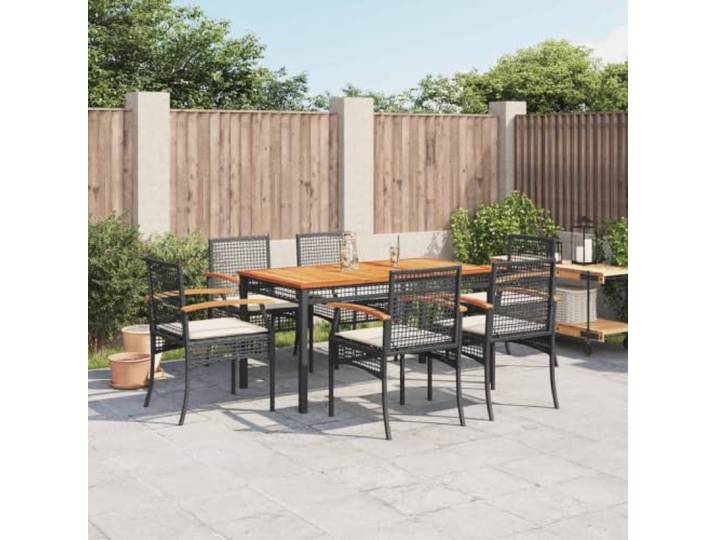 HEFZGDB 7-TLG. Garten-Essgruppe mit Kissen Schwarz Poly Rattan, Outdoor Esstischgruppe mit Akazienholz Tischplatte und PE-Rattan Sitzschalen, wetterbeständige Gartenmöbel