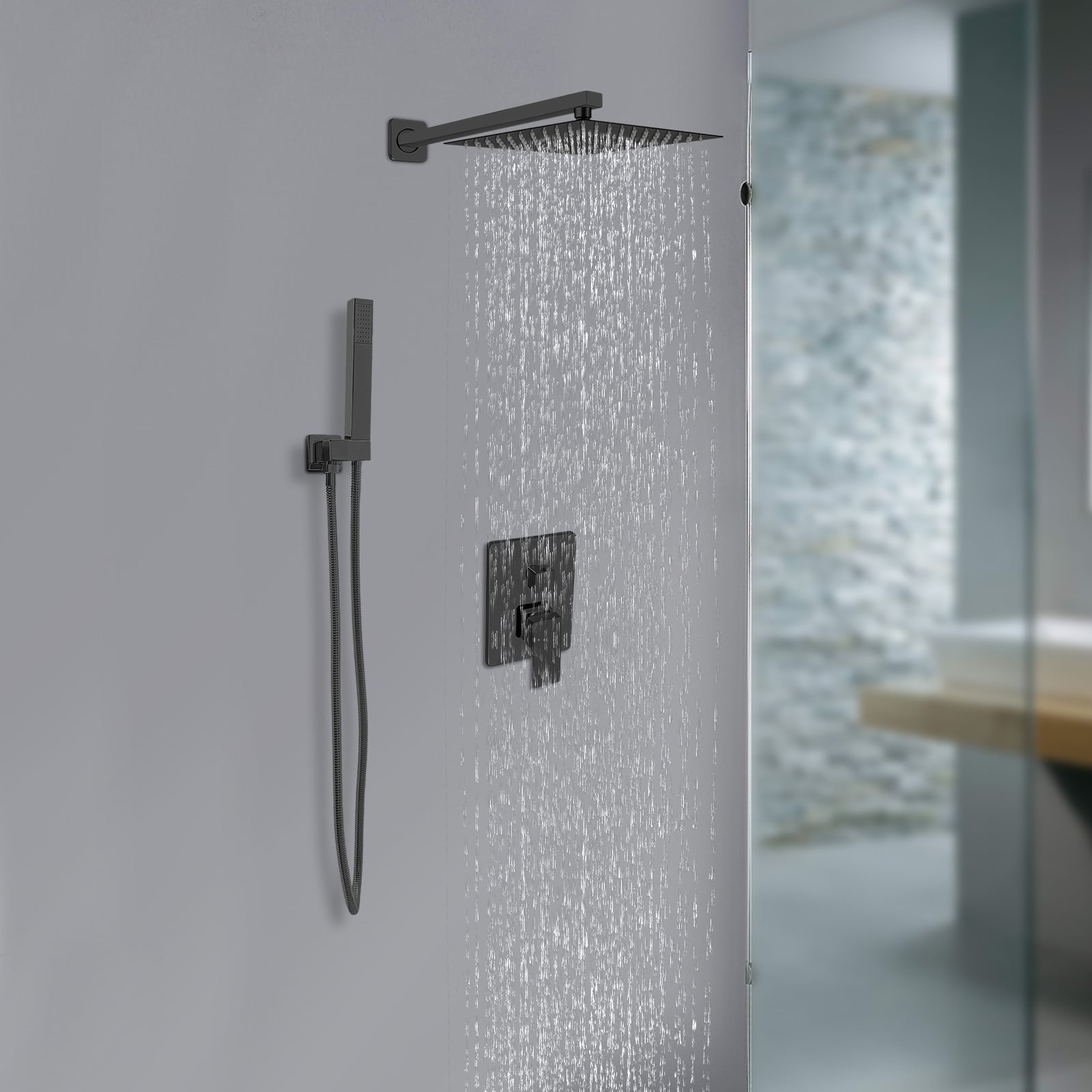 Easybuy Inbouw doucheset met 25x25 cm regendouche, handdouche en messing doucheset, zwart