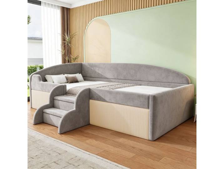 SENVIRO Lit enfant rembourré 90 x 190 cm gris velours barrières et marches intégrées sans matelas