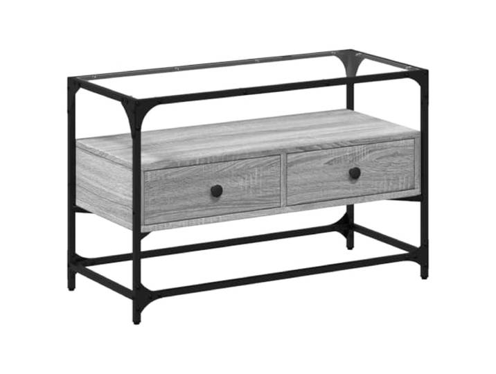 KUPTYERFG TV-Schrank mit Glasplatte Grau Sonoma 80x35x51 cm Eleganter Beistellschrank fürs Wohnzimmer mit 2 Schubladen, stabilem Metallrahmen und transparenter Abstellfläche.