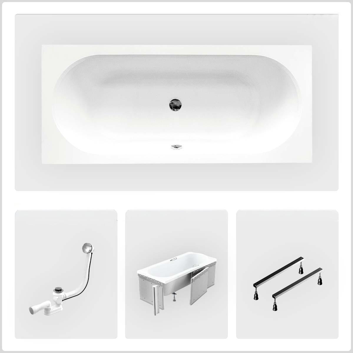 Rechteckige Badewanne - 170 x 75 cm - mit Polystyrol-Verkleidung - Füße - Chromablauf - VITAE