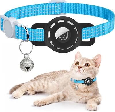 Inspired Living Reflective Breakaway AirTag Pet Collar With Secure Holder & Bell blue2