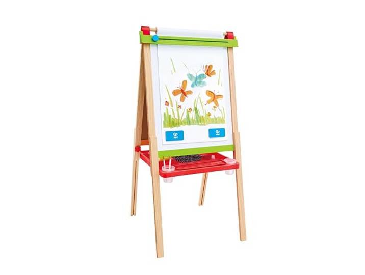 Hape Staffelei für kleine Künstler - Doppelseitige, verstellbare Kunststaffelei mit Whiteboard, Tafel & Papierrolle, Farben, Pinsel, Marker, Kreide & Ablageschale für Kunstbedarf, ab 3 Jahren