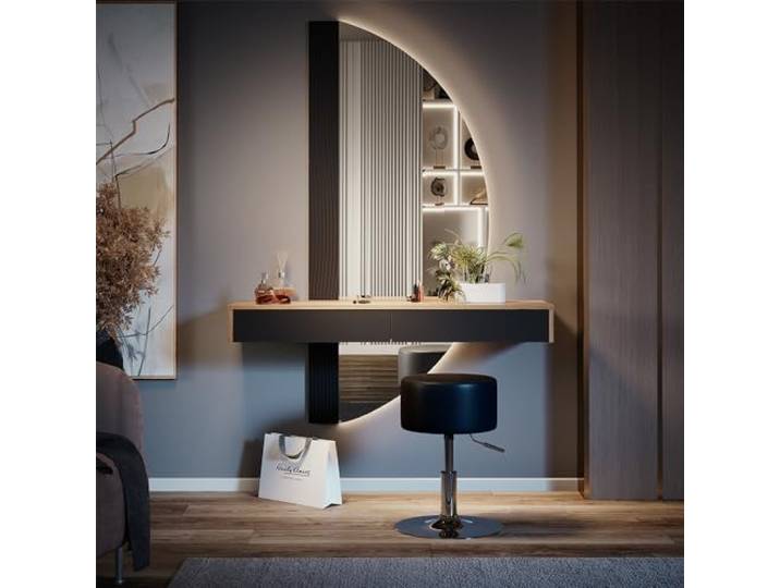 Vicco Schminktisch Melisa, Schwarz 120 cm LED-Spiegel · Hocker · 2 Schubladen · Wandhängend · Halbrunder Spiegel