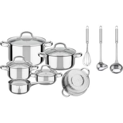 Topf-Set GSW "Montreal", silber (silberfarben), L:8,5cm, Töpfe, inkl. aller Kochutensilien, die eine Haushaltsküche benötigt Induktion