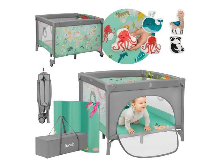 lionelo Laufgitter MILLE PLUS (Set), Spielmatte/4 Spielzeuge/3D-Matratze/2 Räder/Faltbar