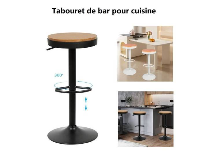6 X Tabouret de bar pour salle à manger Willonin® Chaise avec siège rond en métal et bois MDF Hauteur réglable et Pivotant Noir