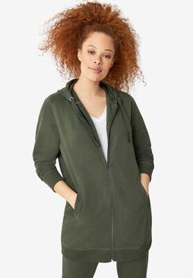 Plus Size Women's Ellos Studio French Terry Long Sleeve Zip-Front Tunic Hoodie by Ellos Studio in Deep Olive (Size 7X)
