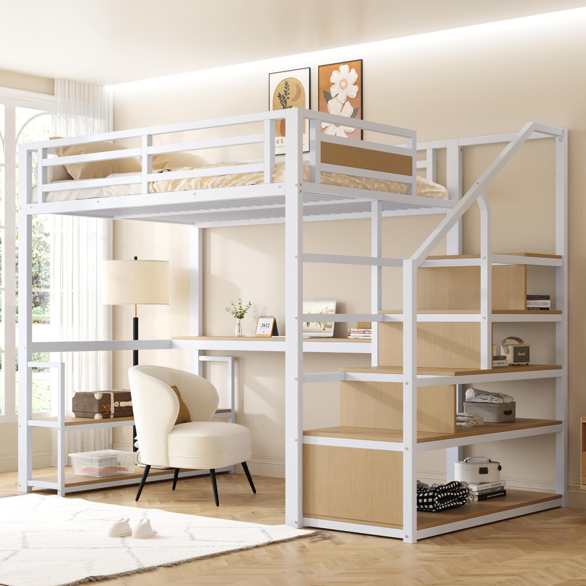 Merax Hochbett Entagenbett 140x200cm, Loftbett mit Schreibtisch, Regalen, Metallbett mit Aufbewahrungsleiter und Sicherheitszaun, Eisenrahmen, Weiß