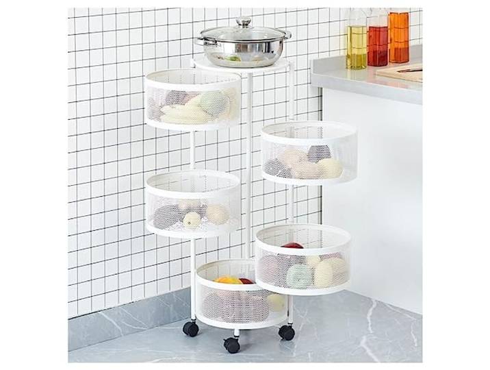 DFHetFH Rollwagen Mehrschichtiges Lagerregal Aus Metall, Drehbarer Korb, Organizer, Wagen, Boden, Gemüse, Obstregal Mit Rädern Küchenwagen(White,5-Tier)