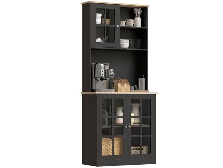 Armoire de cuisine vitrine 3 portes en verre Noir et Chêne clair avec plan de travail