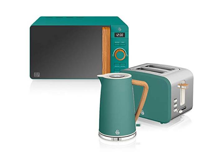 Swan Nordic Frühstücksset, Wasserkocher, 1,7 l, 2200 W, Breitschlitz-Toaster, 2 Scheiben, digitale Mikrowelle 20 l, modernes Design, Holzoptik, Grün