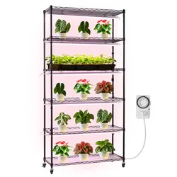 VEVOR Pflanzenregal mit Wachstumslichtern, 6-stufiger Pflanzenständer für Zimmerpflanzen mit Rädern & Timer, 150W 3800K Vollspektrum Licht, Metall-Blumenregal für die Samenanzucht, 90x35x180cm