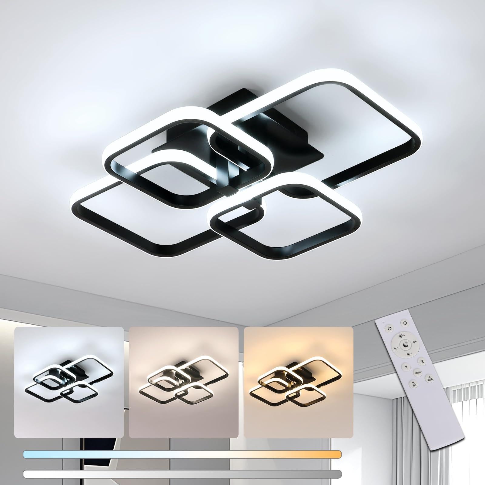 Comely LED-plafondlamp, dimbaar met afstandsbediening, 48W, 5400 lumen, zwart