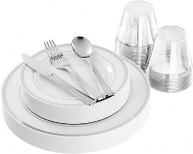 Elama 150 Piece Disposable Plastic Dinnerware Party Set for 25 Guests in White with Silver Trim