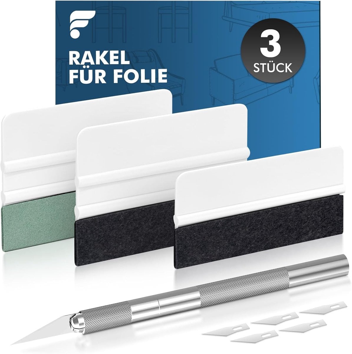 Squeegee set voor folie met 3 squeegees en 1 precisie mes voor het aanbrengen van raamfolie