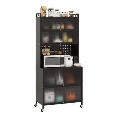 COSTWAY Küchenschrank 6 Ebenen, Buffet mit Regal, Klapptüren, Mikrowellen-Platte, Lochwand & Haken, Schwarz