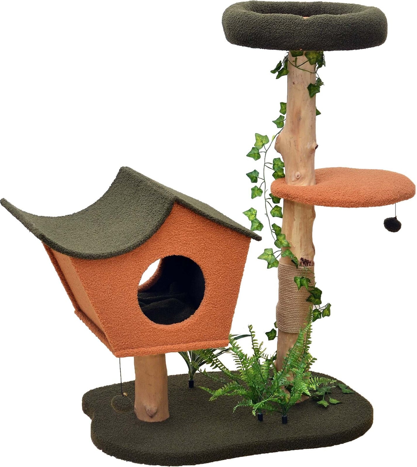 Fudajo Kraboom met plantendecoratie en kattenhuis, 114 cm hoogte, berkenhout en pluche