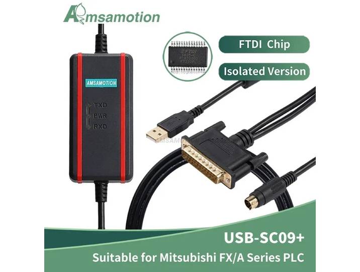 Câble de programmation USB-SC09 AmsamotionUSB-SC09 adapté aux PLC Mitsubishi série FX/A, puce FTDI, SC-09 FX3U FX3GA DB25