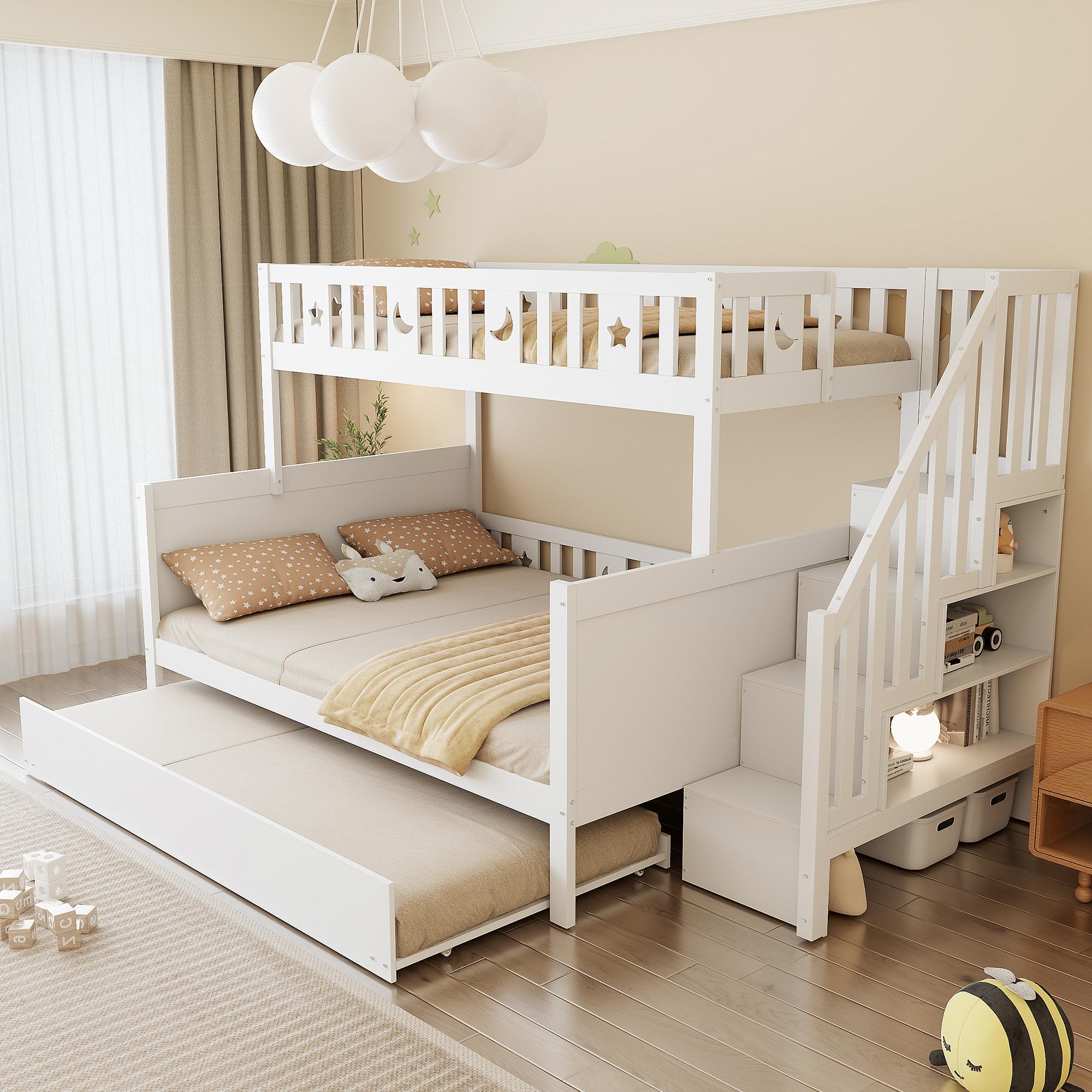 Kinderbett 90*200/140*200 cm, Massivholz-Etagenbett mit Sicherheitsleiter, Rollbett, Lattenrost, weiß