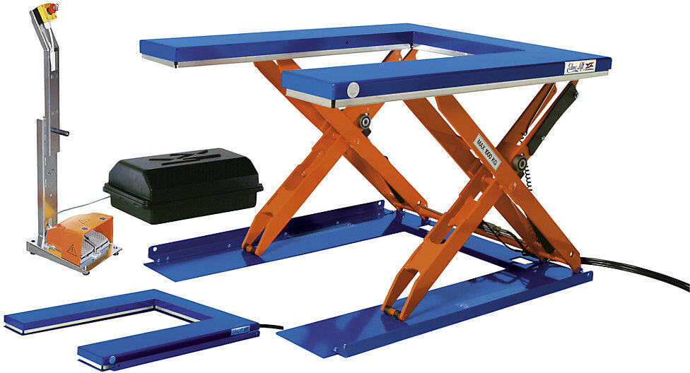 Flachform-Hubtisch, LxB 1450 x 1085 mm, Hubbereich bis 800 mm, Plattform U-Form, 230 V, Fuß-Bedienelement Edmolift