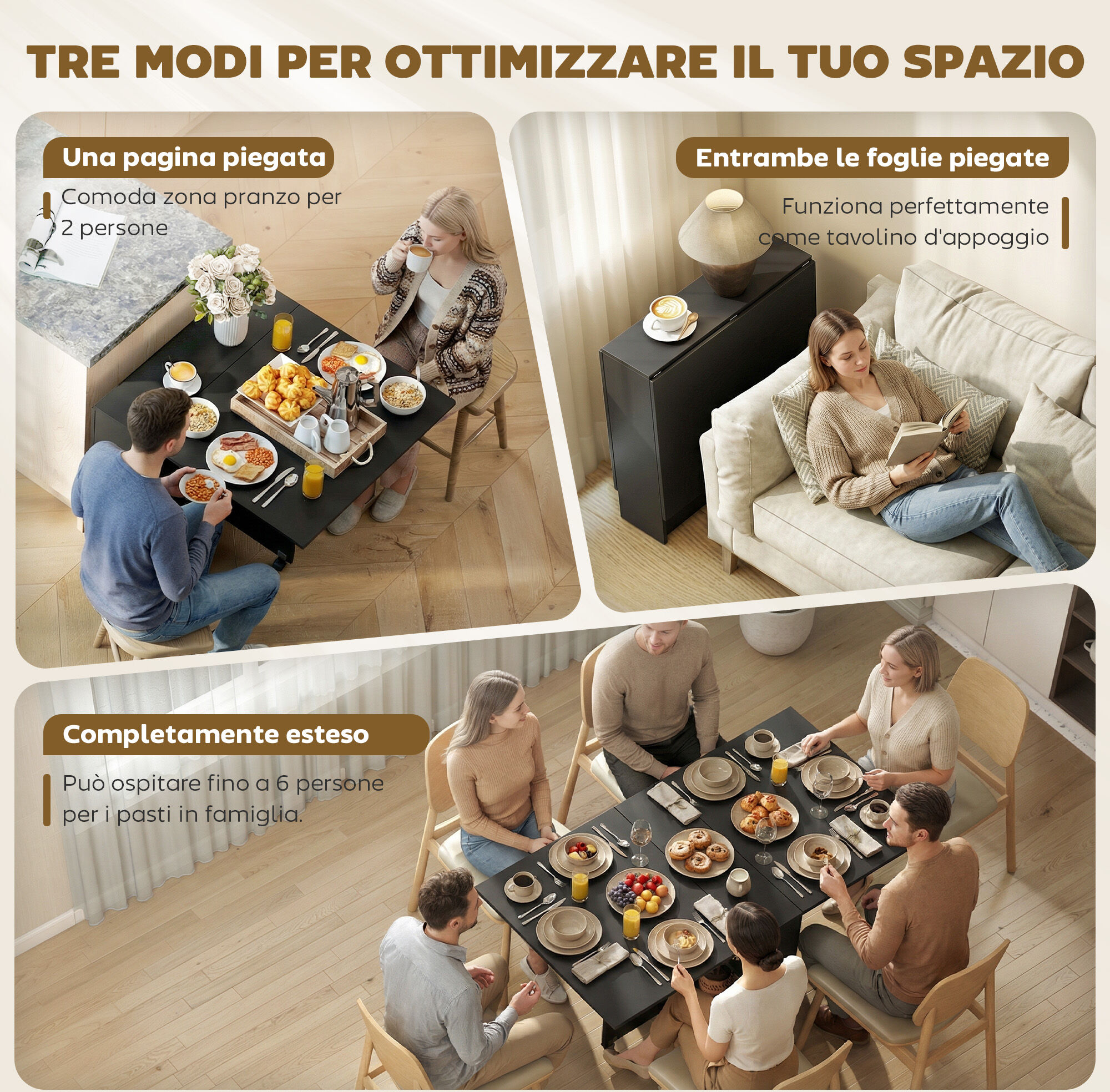 Altro Tavolo Pieghevole In Legno Per 4-6 Persone Con Ruote, 75x140x74cm, Nero
