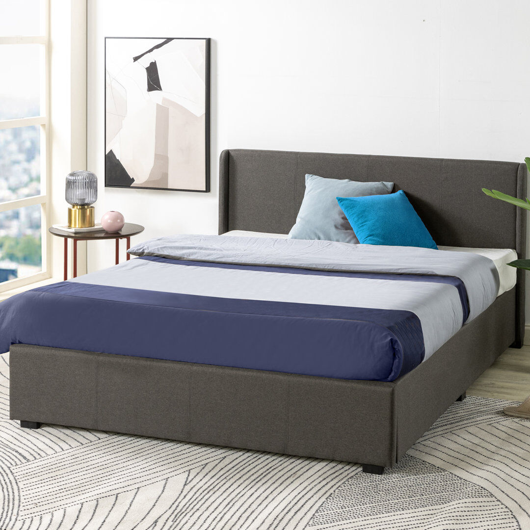 Hashtag Home Estella Upholstered Bed Frame with Headboard, Ottoman Under-bed Storage Dark Grey Double (4'6)