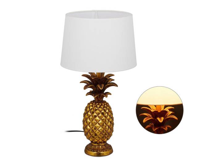Relaxdays Tischlampe Gold Weiß Ananas, Goldfarben, Kunststoff, E27, 30x54x30 cm, Lampen & Leuchten, Innenbeleuchtung, Tischlampen