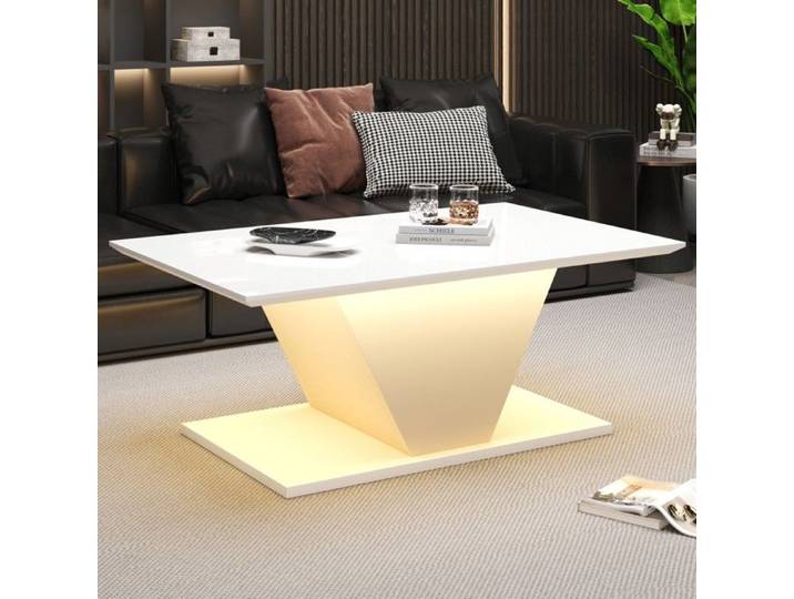 Table basse blanche brillante 100x50x46cm forme V avec éclairage LED - Idéale salon et petits espaces
